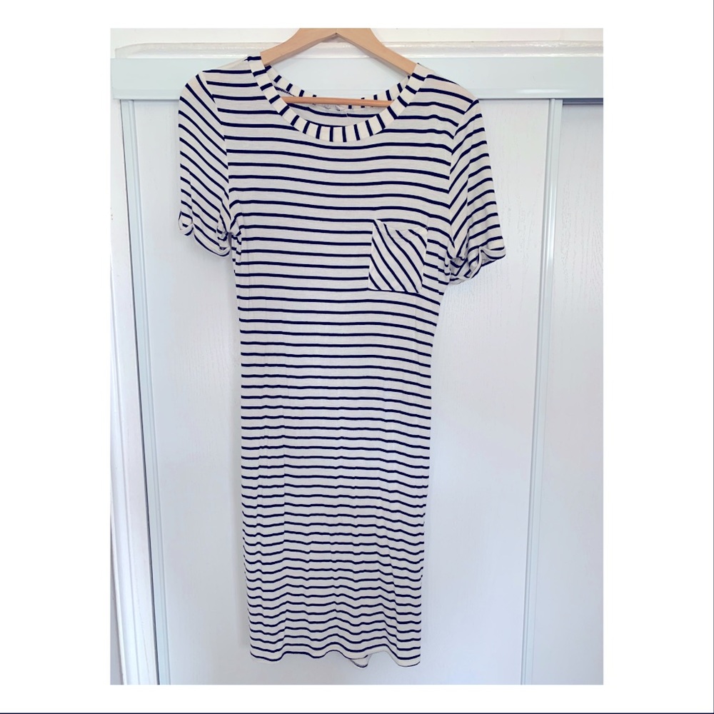 Nautical Striped Cotton Summer Dress Mid Calf